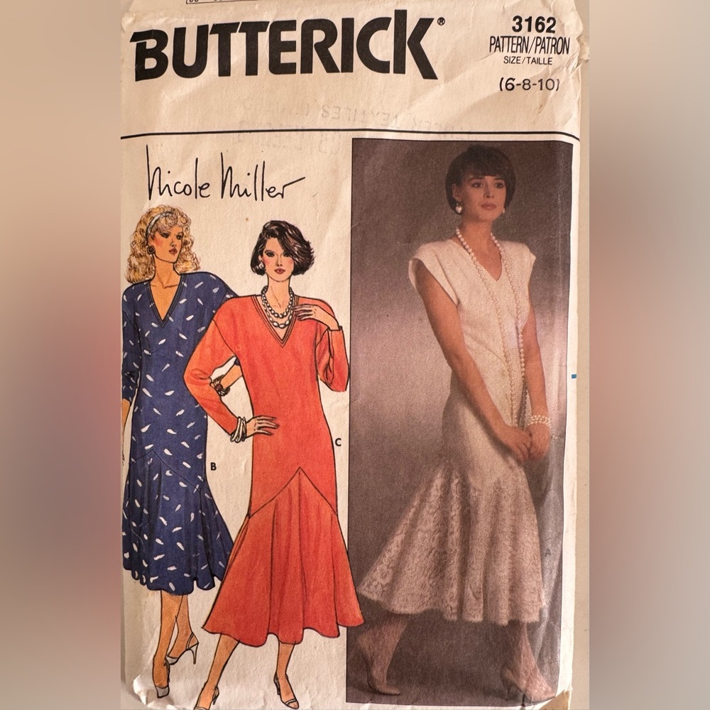 Vintage Butterick 3162 Nicole Miller 6-8-10 Dress Pattern Straight V Neck Drop